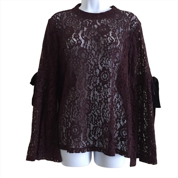 LOFT | Plum/Merlot Lace Bell Tie-Sleeve To… - Picture 2 of 7